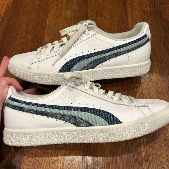 Puma Clyde Denim Striped White Leather Sneakers Shoes Women size 8.5 - Picture 9 of 10